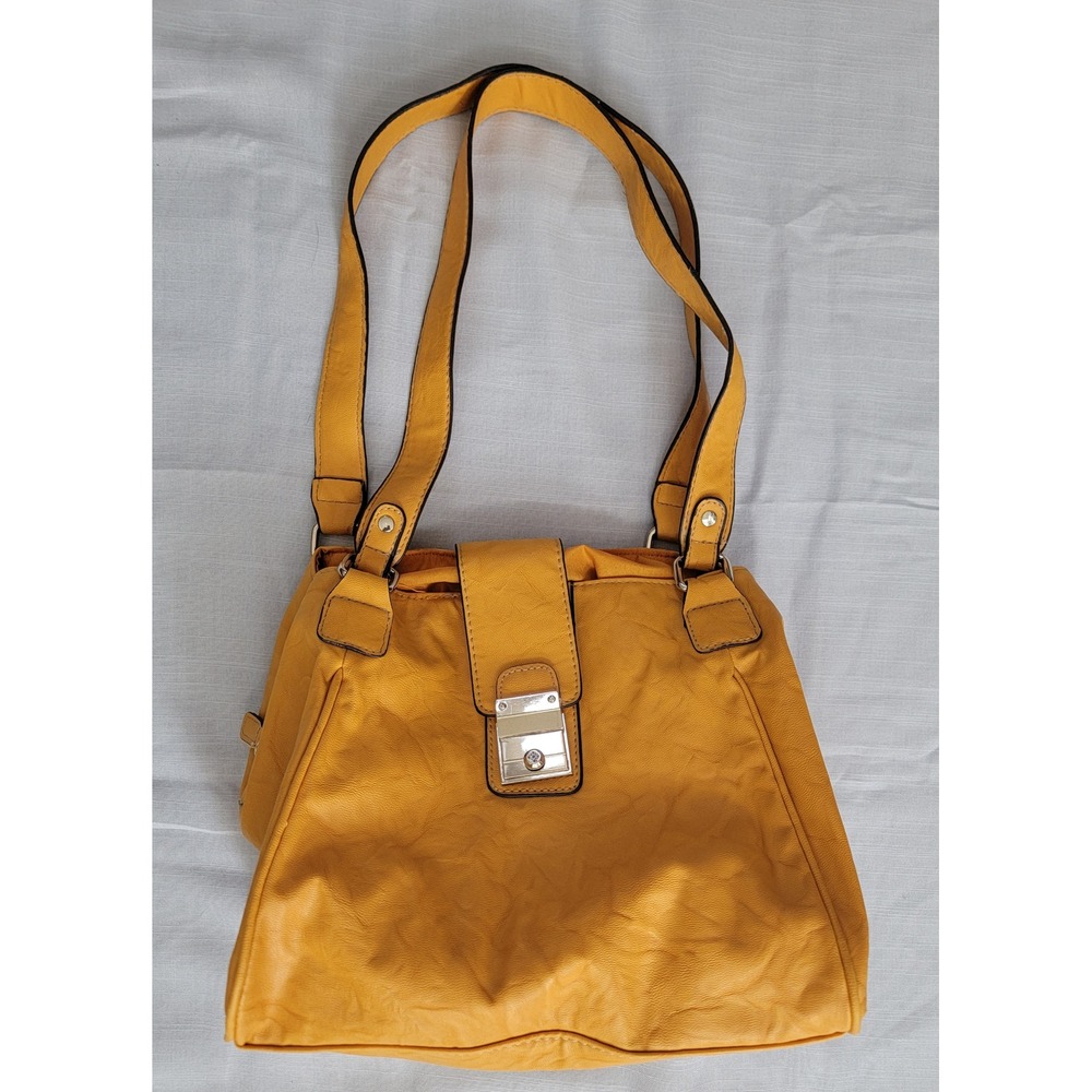 Yellow Faux Leather Multi Compartment Bag Silver Hardware Mustard Handbag